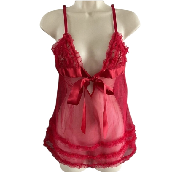 Frederick's of Hollywood Other - Frederick's of Hollywood Babydoll Sheer Ruffle Lace Chemise Lingerie Red Large